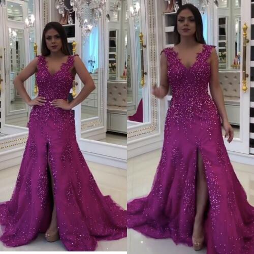 Prom dresses 2020 purple pearls beading lace appliques front slit floor length evening dresses arabic robe de soiree
