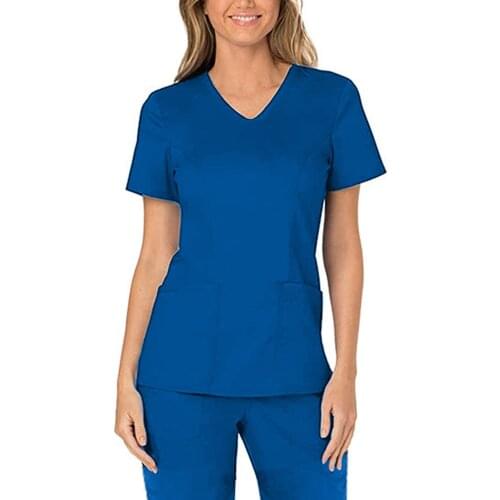 Women Pet Grooming Institution Scrubs T-short Sleeve Solid V-neck T-shirt Working Uniform Pocket Tshirt Poleras Mujer #PY
