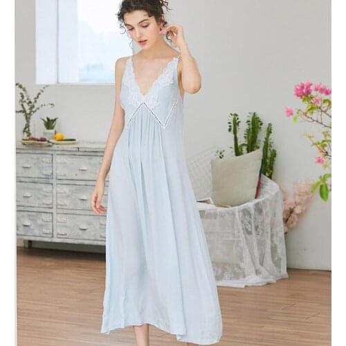 Ladies Nightgown Lace Long Nightdress Vintage Woman Lace Sleeveless Summer Nightgowns Dress INS Fashion Sleepwear