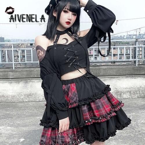 Ins Gothic Punk Girls Women Personality Suit Summer Two-piece Suit Set Plaid Ruffle Dark Black AFC823