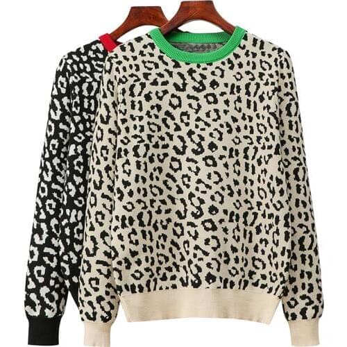 OUMENGKA Woman Leopard Printd Knitted Sweater Streetwear Loose Winter Thick Long Sleeve Female Knitted Pullovers For Ladies Tops