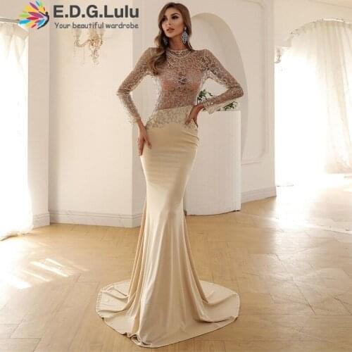 EDGLuLu High Quality Hollow Out Sequins Long Sleeve Patchwork Satin Maxi Dress Runway Women Wedding Party Mermaid Dress 0405