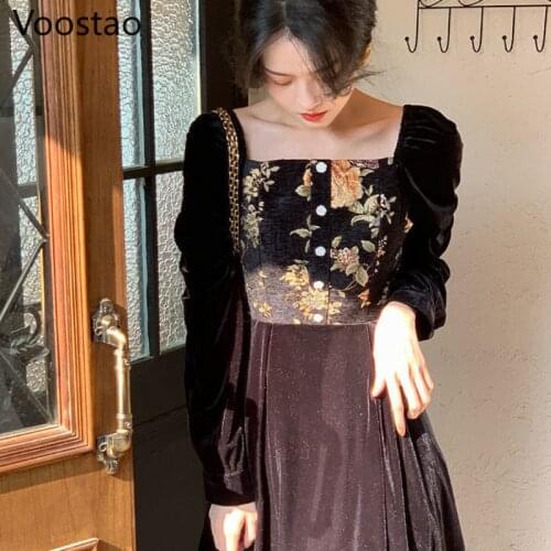 Spring Autumn Vintage Medieval Women Chic Floral Patchwork Party Long Dresses Female Elegant Long Sleeve Velvet Dress Vestidos