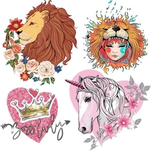 Lion Unicorn Applique Heart Transfer Vinyl Clothing Stickers Fashion Flower Crown Patches Iron On Transfers For Women T-shirt