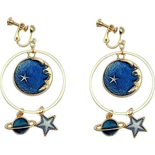 GRACE JUN Gold Color Big Screw Clip on Earrings for Women Party Wedding Gorgeous Star Planet Enamel Needn't Ear Hole Ear Clip