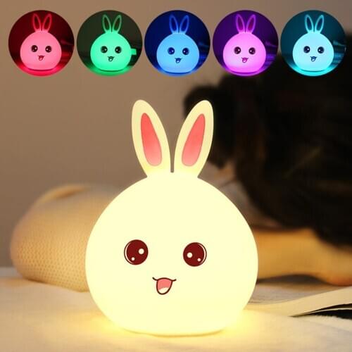 Child Cute Rabbit Bedroom Night Light Remote Control Color Changing Childrens Indoor Silicone Animal Shape Lamp
