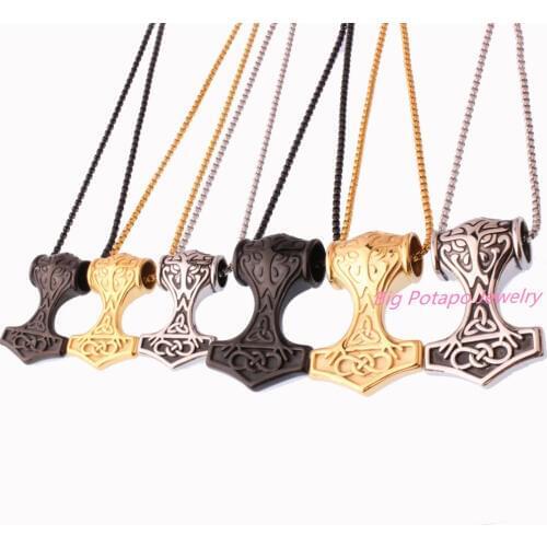 Two Size Punk Stainless Steel Mens Silver Color Black Color Pendant Necklace Jewelry Knot Myth Mjolnir Thors Hammer Wholesale