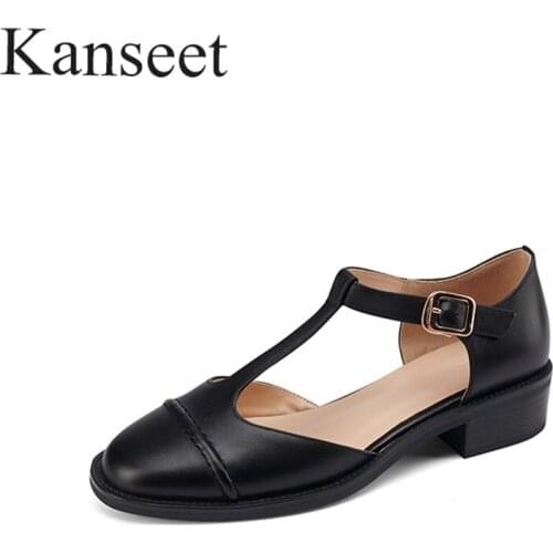 Kanseet Genuine Leather Shoes Beige Black Round Toe Women Sandals 2021 Summer New T Buckle Strap Plus Size 43 Mid Heels Footwear
