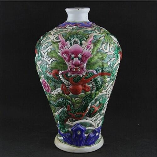 #06Rare Chinese QingDynasty porcelain vase,Pastel glaze,Carved dragon,Collection&Adornment,Free shipping