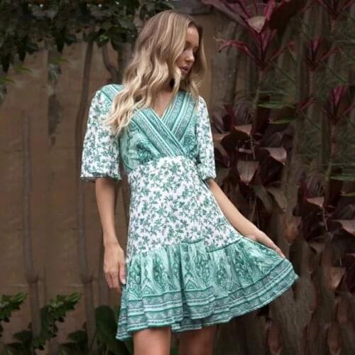 V neck summer wrap dress women bohemian flower print beach dress 2020 ruffle short mini boho dress casual green vintage dress