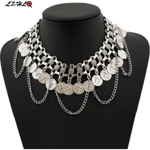 LZHLQ Women Vintage Collar Necklaces Fashion Plated Metal Coin Tassel Choker Necklace Geormtric Hollow Alloy Jewelry Statement