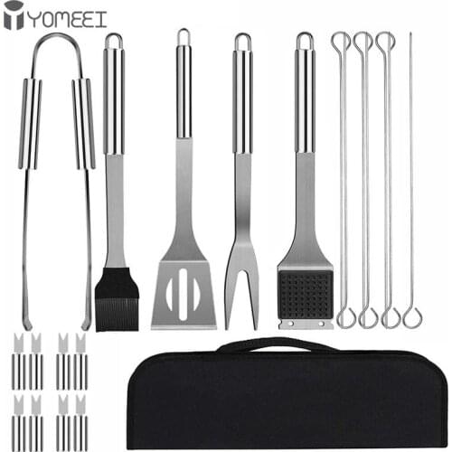 YOMEEI 20 Pcs Stainless Steel BBQ Tools Set Barbecue Spatula Fork Tongs Brush Skewers Accessories Outdoor Camping Cooking Tools