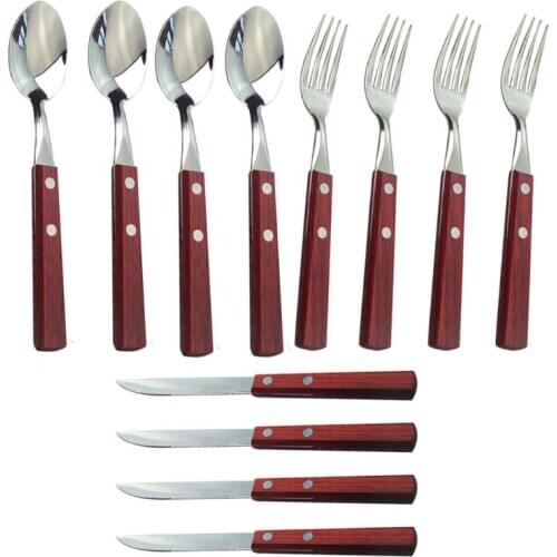 12Pcs Wooden Handle Stainless Steel Cutlery Set Forks Spoons Knives Flatware Set Service for 4