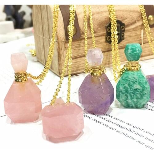 Natural Rose Quartz Perfume Bottle Gem Pendant Necklace Essential Oil Bottle Pendant Jewelry Decoration