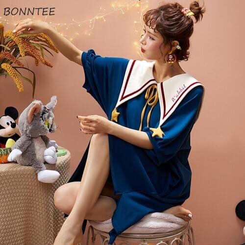 Nightgowns Women Short Sleeve Sweet Summer Loose Lady Korean Style Sleepshirt Lovely 2XL Chic Popular Patchwork Sleepwear Lovely