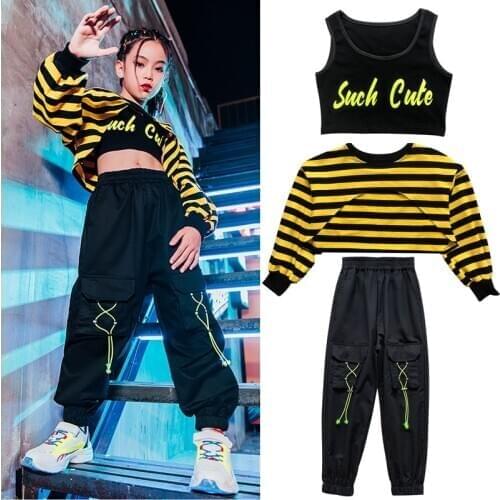 New Hip Hop Clothes For Girls Stripe Tops Black Pants Jazz Dance Costume Modern Ballroom Street Dance Show Rave Kids Wear BL5303