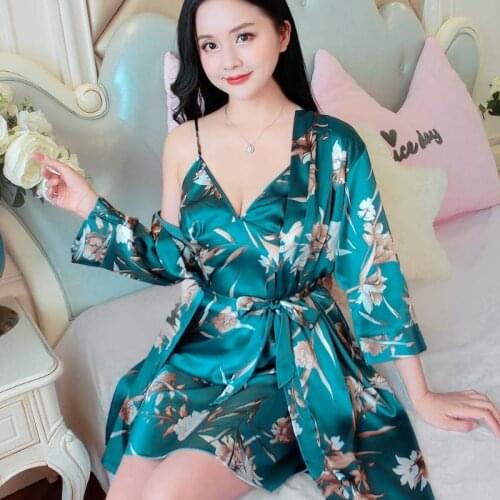 Sexy Sleepwear Satin Bathrobe Women Kimono Gown Print Flower Nightdress 2PCS Nighty&Robe Suit Faux Silk Bridal Wedding Gift