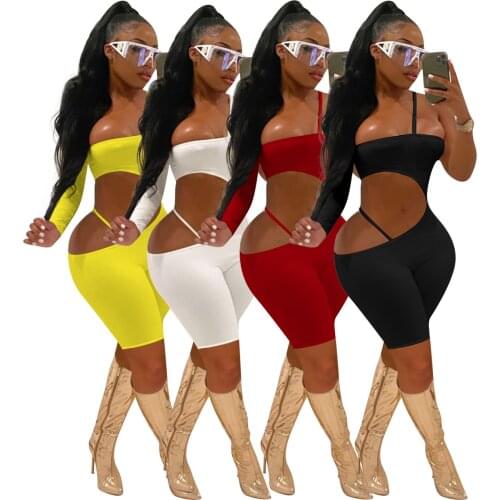 Sexy One Shoulder Sling Hollow Out Playsuit Rompers Casual Off the Shoulder Long Sleeve Biker Shorts Bodycon Jumpsuit Women