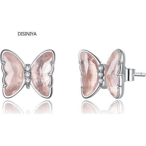 DISINIYA Cream Silver Stud Earrings Pure 925 Silver Animal Crystal Earrings Gift Girl Delicate Butterfly Earrings SCE1013