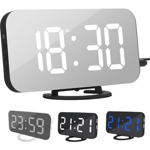 LED Alarm Clock With Dual USB Charging Port For Mobile Phone Charging Mirror Clock Snooze Function Automatic Dimming