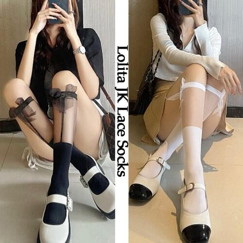 Japanese Cute Retro Lace Socks Women Bow Knot Socks Girl Sweet Lolita Calf Socks Jk Summer Knee High Socks