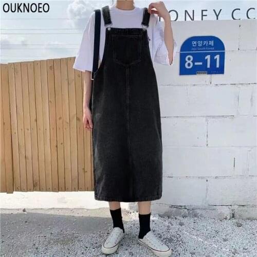 Womens Strap Skirt Loose Size Medium Length Slim Big Pocket Denim Strap Skirt Korean Preppy Style 2021 Woman Summer Solid Dress