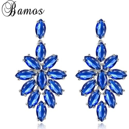 Bamos New Vintage Geometric Blue Birthstone Zircon Long Drop Dangle Earrings For Women Silver Color Gifts Ear0069