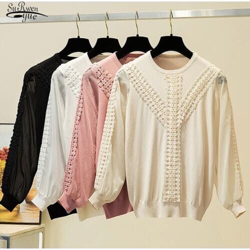 Spring Autumn 2020 Fashion Loose Lantern Long Sleeve Ladies Tops Women Lace Shirt Knitwear Casual Knitted Blouse Blusas 11729