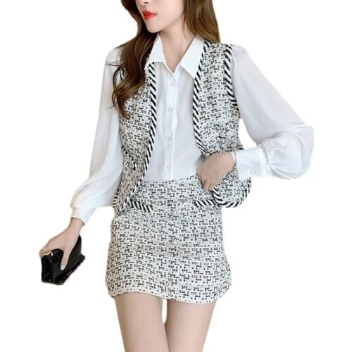 Plaid Tweed Womens Suit V-neck Vest Jacket +White Shirt + Pocket Mini Woolen Skirt 3 Piece Set Spring Autumn Gilr Office Lady