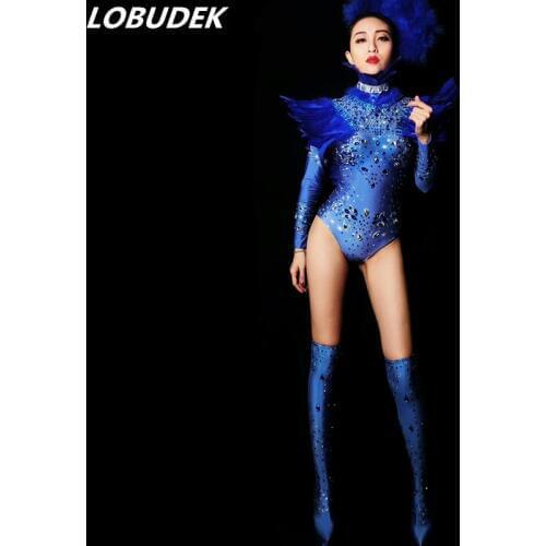 Shining blue Feather Crystals Bodysuit Bar nightclub DJ singer Stage female costumes Sexy party Dance performance dance catsuit
