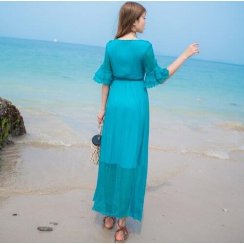 Silk 2020 New Summer Beach Long Dress Elegant Blue Maxi Party Dresses for Women Korean Vestidos Mujer 29006 KJ5685