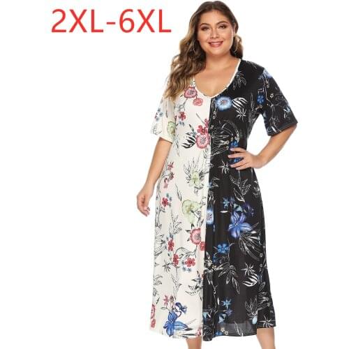2021 new summer plus size long dress for women large loose casual short sleeve flower V neck dresses white black 4XL 5XL 6XL 7XL