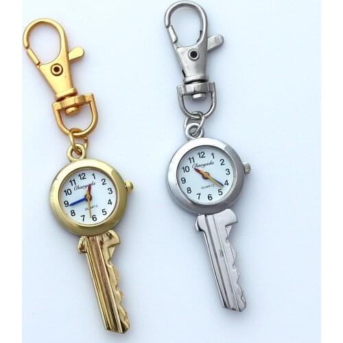 10pcs Gold Cute Lovely Fashion Brand New Fashion Crystal KEY Style Pocket Pendant Key Ring Chain Quartz Dress Watches GL59KT