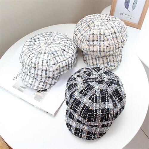 Designer Baker Boy Cap Autumn Winter Octagonal Berets for Women Tweed Plaid Newsboy Cap Ladies Sun Protection Baret Painter Hats