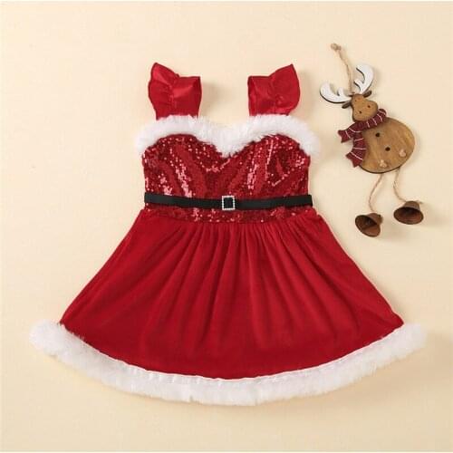 Newborn Baby Girl Christmas Costume Sequin Sleeveless Dress Kids Xmas Princess Party Tutu Fuzzy Dresses Red 1-5Years
