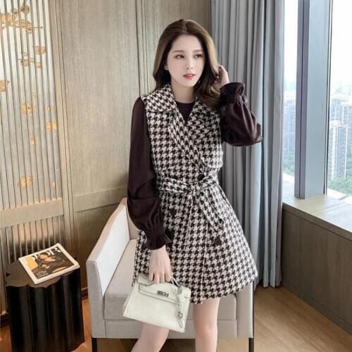 Women Plaid Waistband Vest Houndstooth Sleeveless Jacket