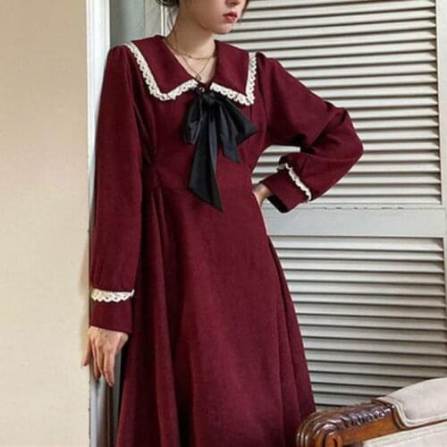 HOUZHOU Elegant Dress Women Red Lace Long Sleeve Dresses Sweet Vintage Mori Girl Loose Casual Robe Preppy Style Spring Autumn