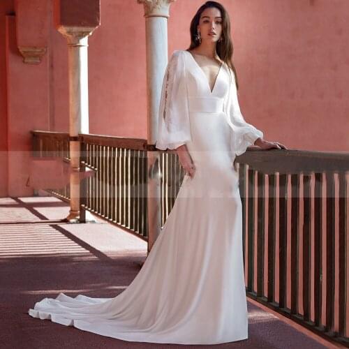 Elegant A Line Sheer V-Neck Long Puff Sleeve Wedding Dress 2021 Lace Appliques Button Back Bridal Gowns Robe De Mariee Customize