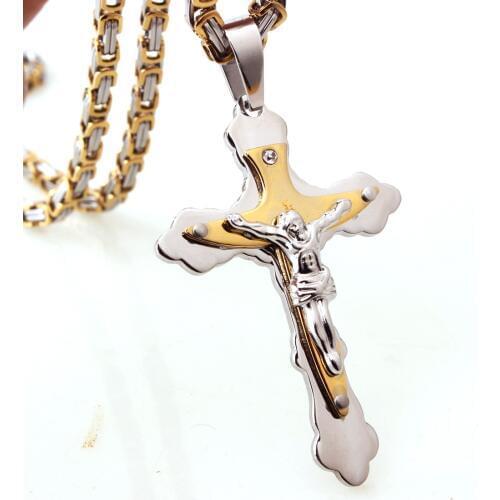 Hot Selling 316L Stainless Steel Jesus Christ Cross Pendant Necklace 5mm Byzantine Link Chain Men Boys Gift
