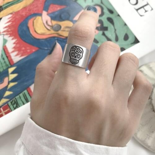 S925 silver ring skeleton frosted open ring skull cute fashion brush silver ring for mens womans accessories