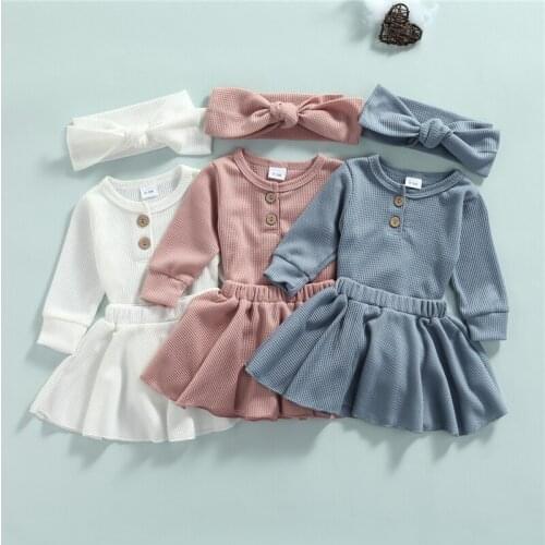 Citgeett Autumn Baby Girls Clothes Sets 0-12M Solid Long Sleeve Button Romper Tops A-Line Skirts Headband Spring Suit