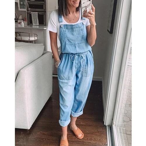 Womens Denim Jumpsuit Loose Fashion Elastic Mid Waist Vintage Solid Color Summer Casual Overalls Jumpsuit Womens Pants