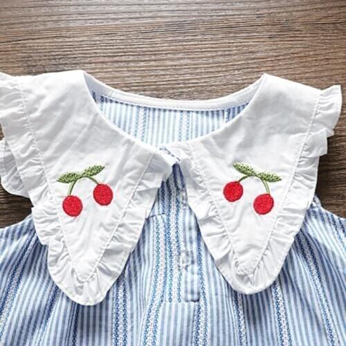 Girls Sleeveless Little Cherry Thin Blue Stripes Design 100% Cotton Summer Clothing Sets Princess Baby Girl Summer Clothing