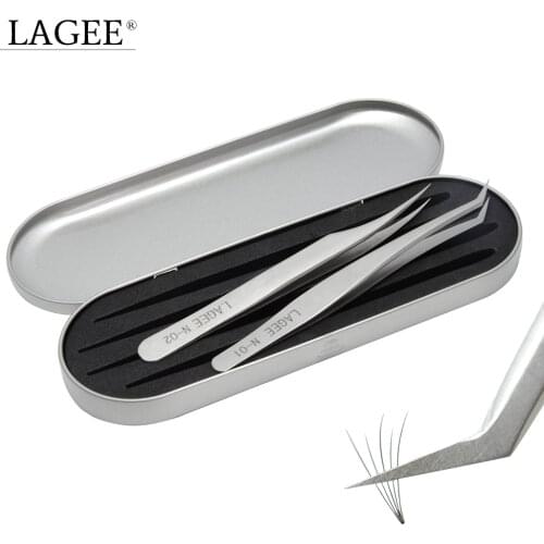LAGEE Eyelash Extensions Tweezers Stainless Steel Non-magnetic Straight and Curved Eyelashes Tweezer With Storage Box