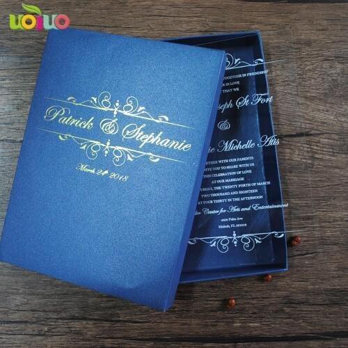 Hot sell unique luxurious paper wedding invitation card box with personalize logo royal navy blue color