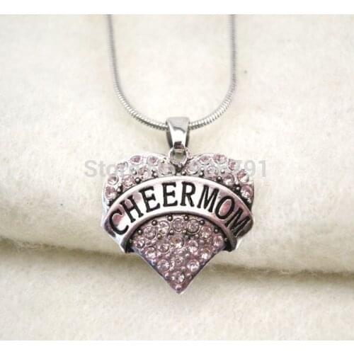 Fashion 50pcs a lot rhodium plated cheer mom clear crystal heart pendant necklace
