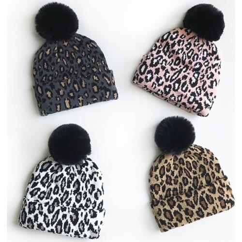 Fashion Winter Warm Knit Hats Stylish Leopard Hat with Pompom Fashion Caps for Adults