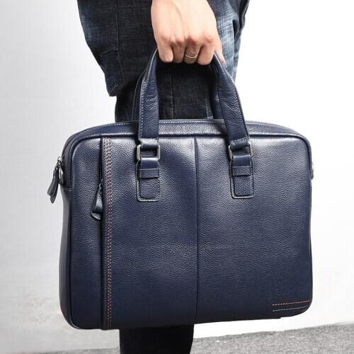 Fashion Genuine leather Men Briefcase 14" Laptop Handbag Mens Business Crossbody Bag Messenger Shoulder Bags for Men Blue