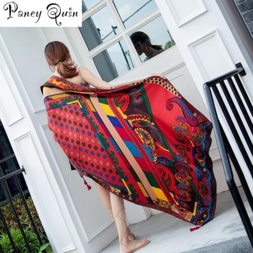 New Ethnic Wind Scarf Female Tassel Printing Large Shawl Spring and Summer Travel Silk Scarf Seaside Holiday Sunscreen Beach Tow