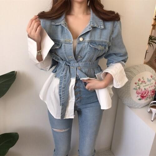 Autumn Fashion Patchwork Stylish Women Denim Jacket Fake Two-Piece Jacket Coat Female Long Sleeve Jean Jacket Top With Sashes